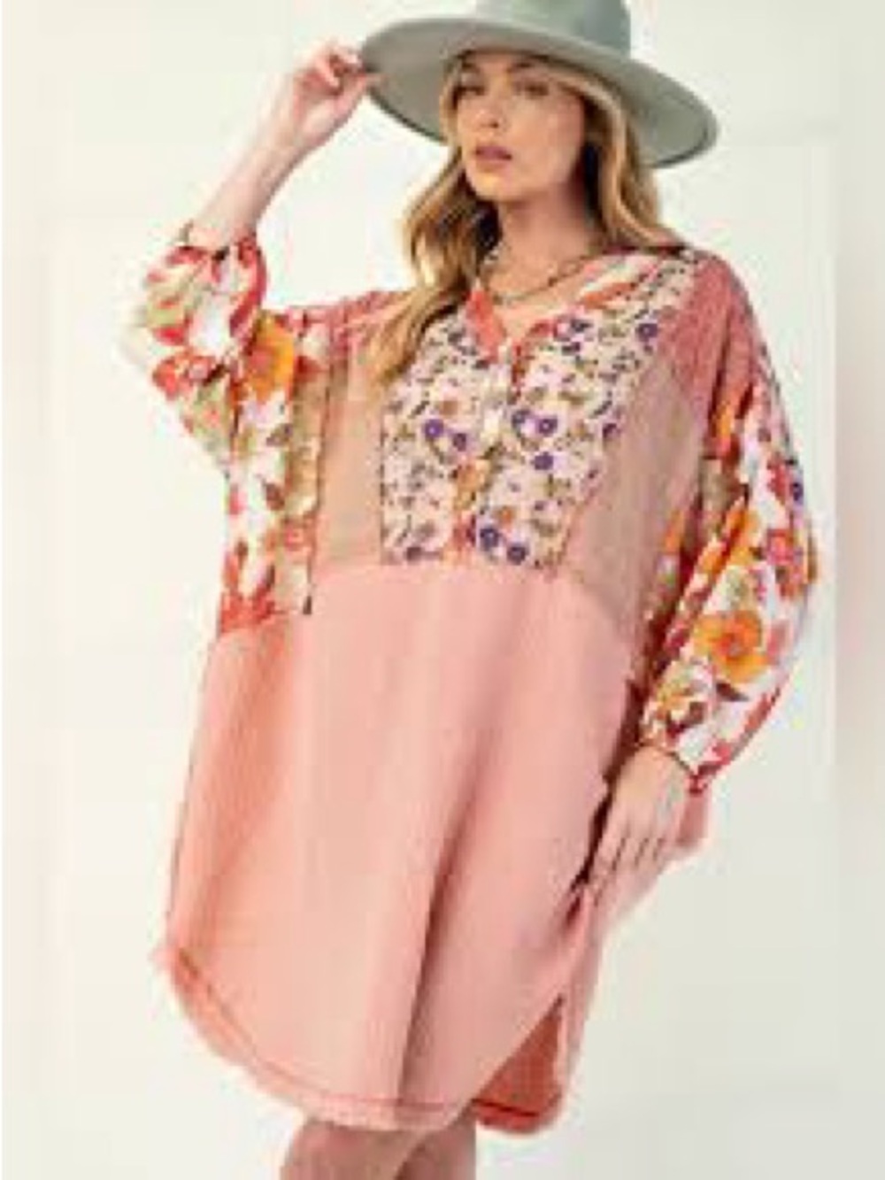 Easel Boho Patchwork Floral Pink Tunic Top NWT